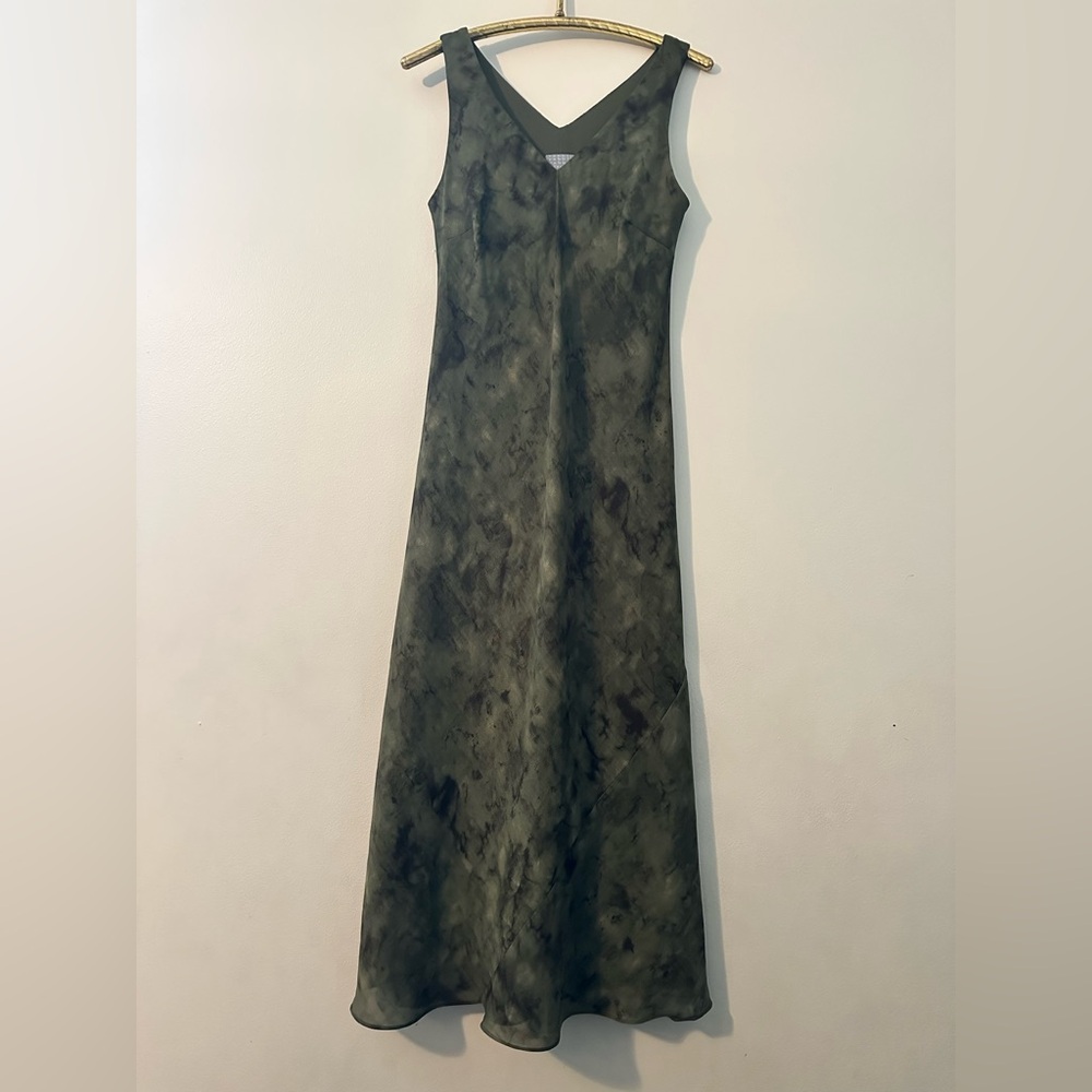 Vintage Green Tie Dye V-Neck Sleeveless Midi Dress 12P Whimsy Goth Boho